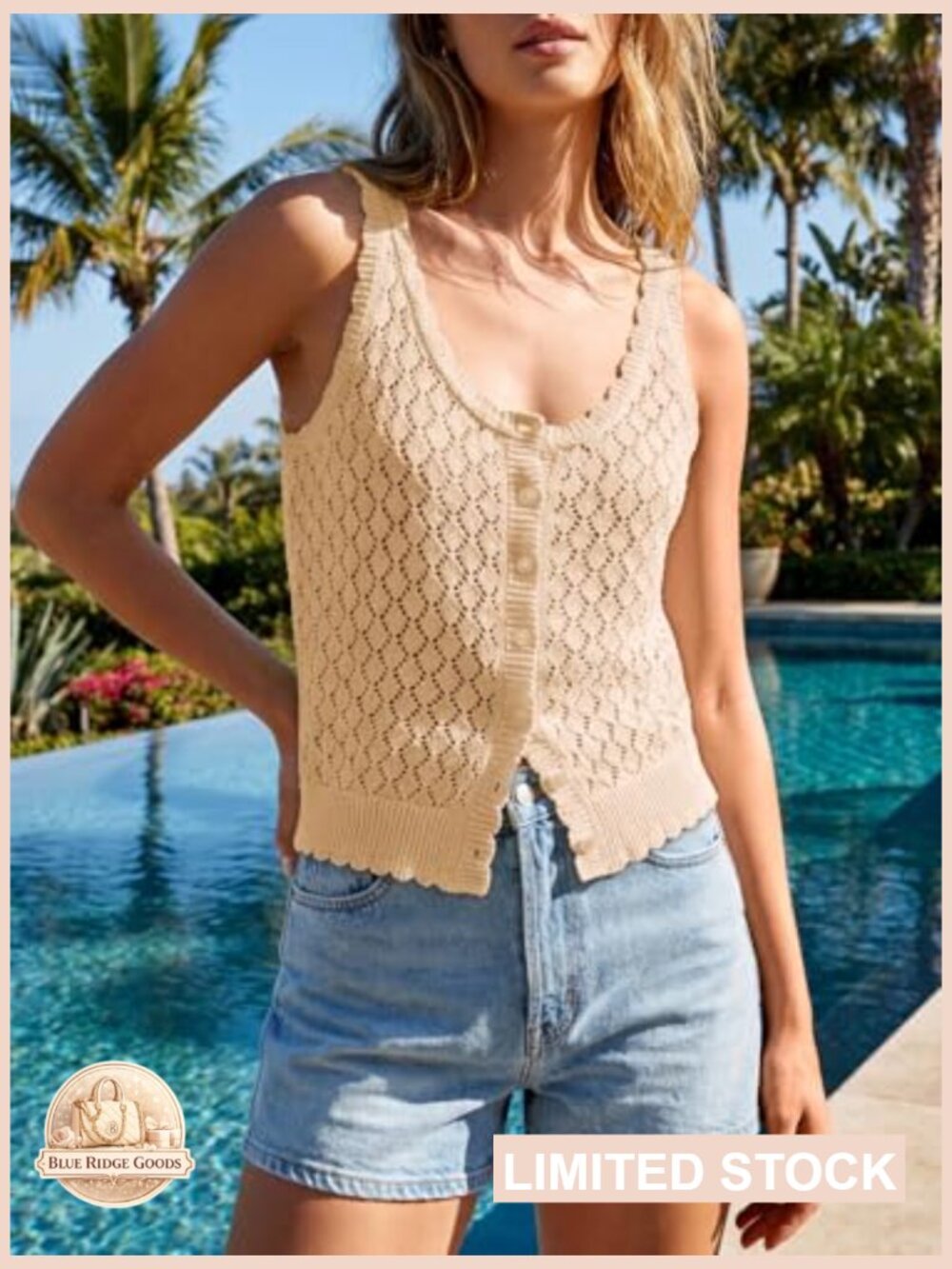 Crochet Sleeveless Sweater Vest Boho Knit Button Down Cardigan Top - Picture 2 of 7